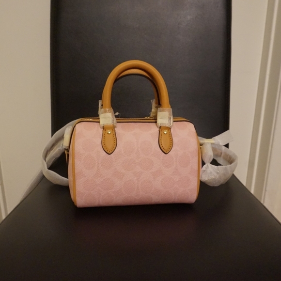 NEW! Coach Mini Rowan Crossbody Bag in Signature Canvas Gold/Powder Pink - Picture 2 of 5
